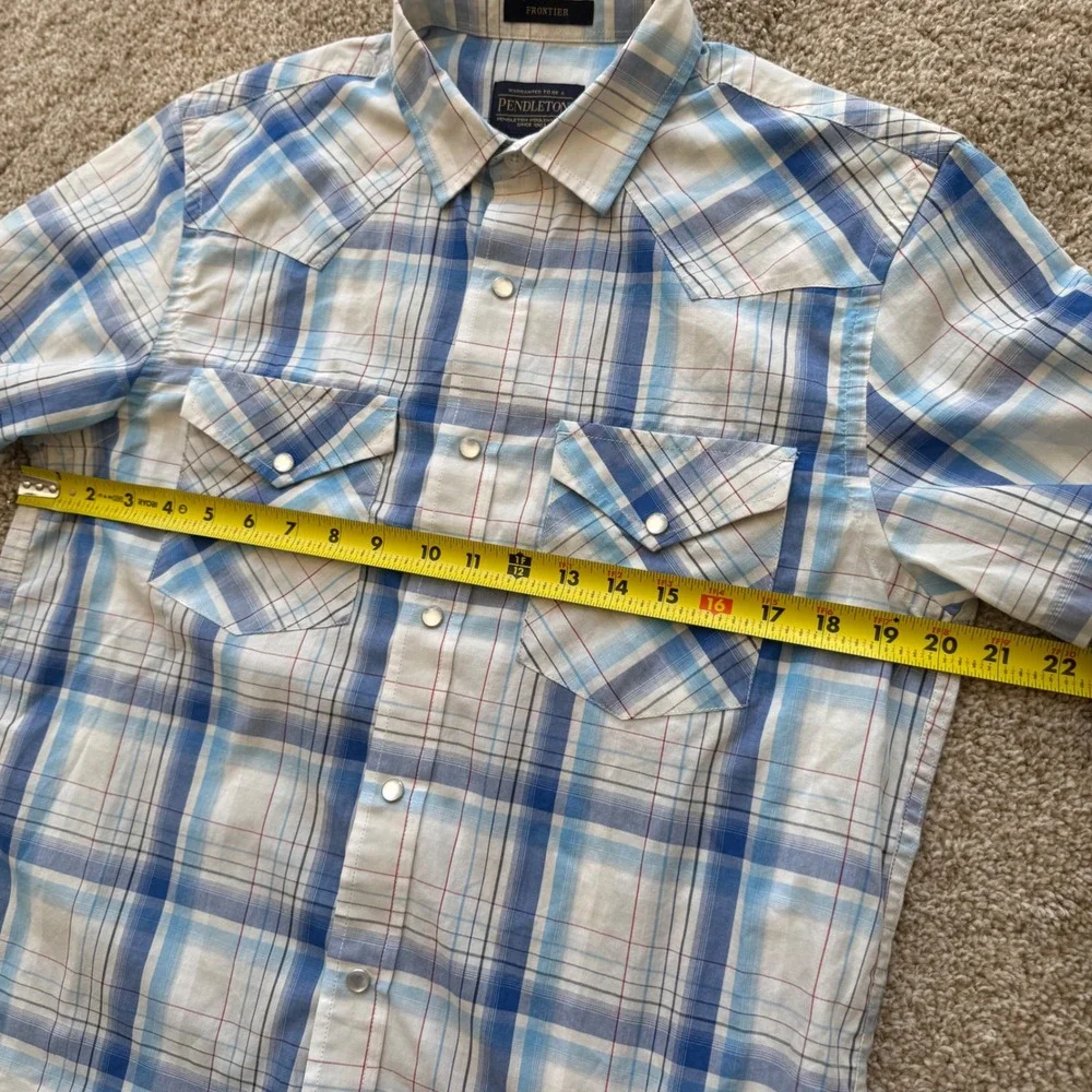 Pendleton Western Shirt Men Medium Blue Plaid Short Sleeve Pearl Snap Frontier